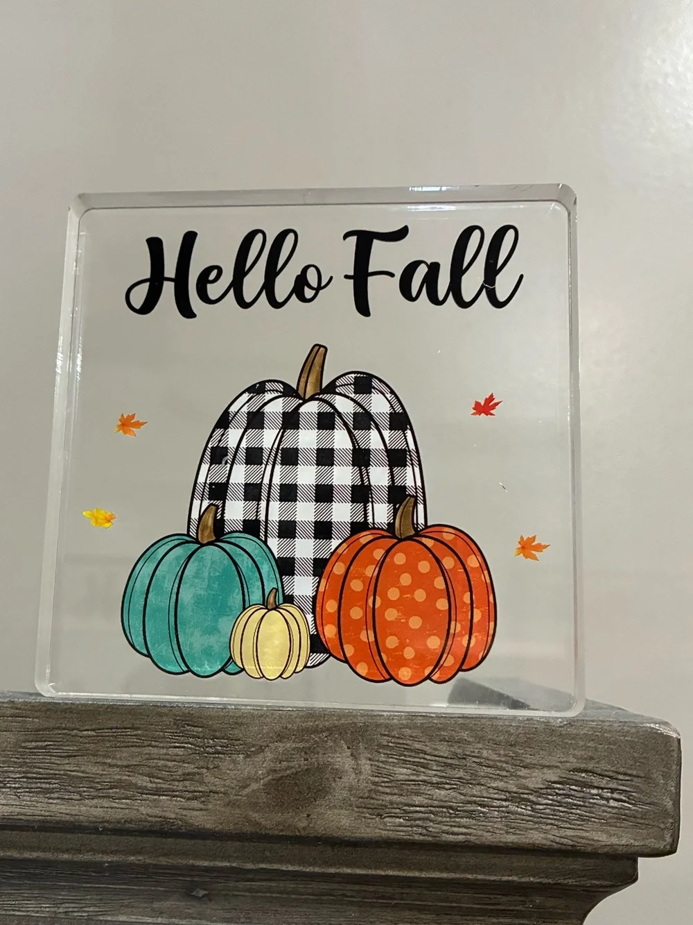 Hello Fall Decorative Pumpkin Acrylic Block - Black, Teal, Orange, Yellow